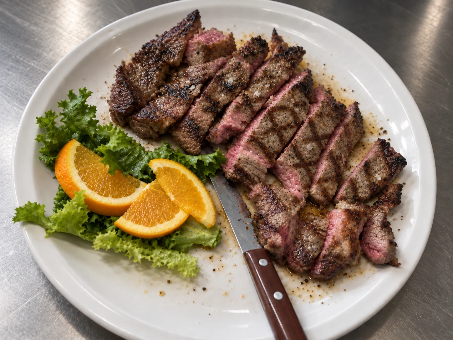 Tagliata di carne alla griglia con insalata e fette di arancia